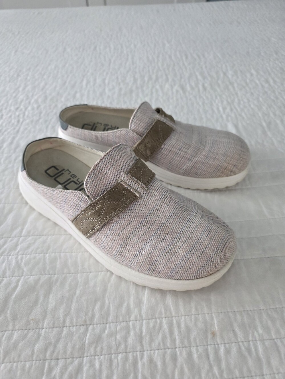 Hey Dude Women's Slip-On Mules in Light Pink Heather with Taupe Accent